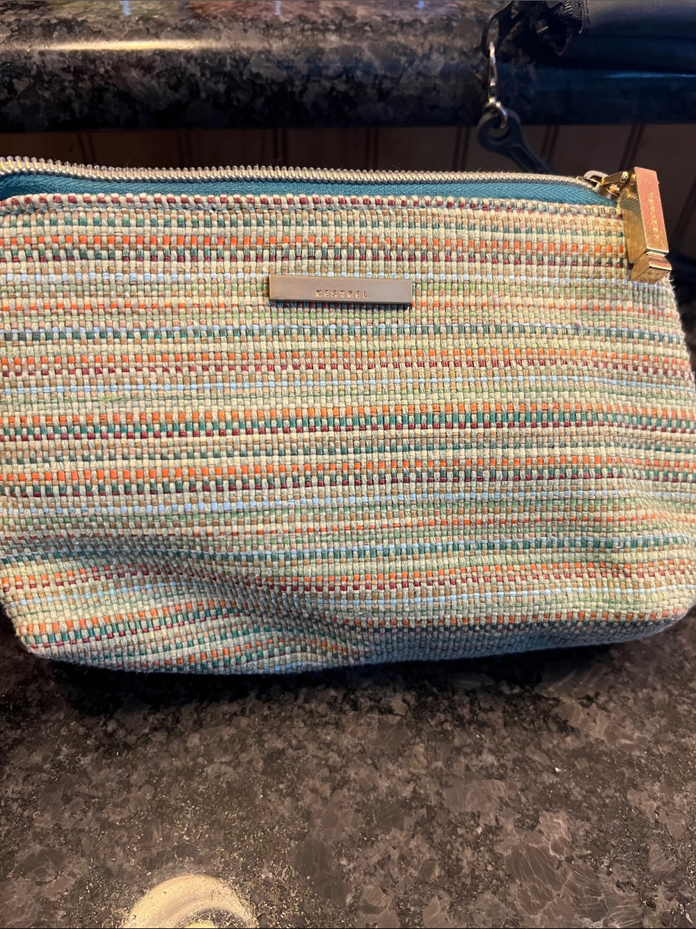 Woven Stripe Cosmetic Pouch in Teal and Coral
